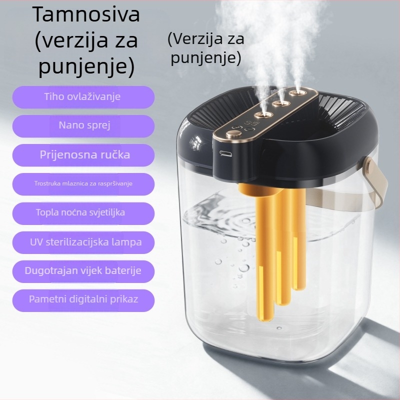 Vlaživač zraka za kućnu upotrebu s 3 mlaznicama magle, USB napajanje, spremnik ≤0,5 L, za prostorije do 10 m², buka 36–45 dB