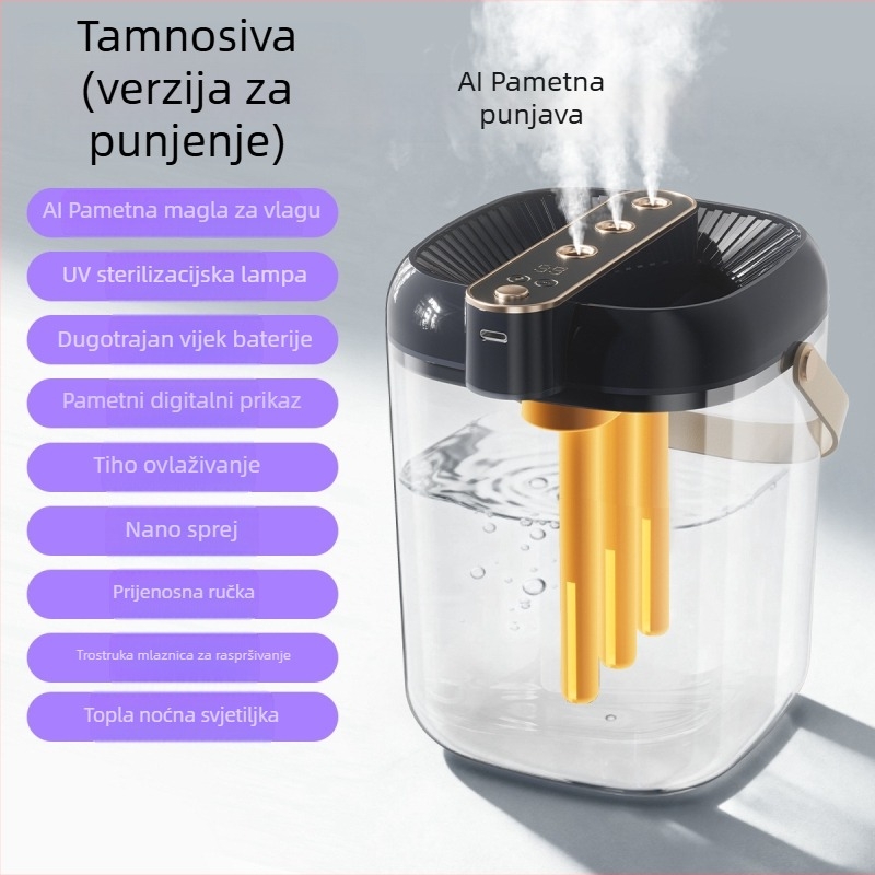 Vlaživač zraka za kućnu upotrebu s 3 mlaznicama magle, USB napajanje, spremnik ≤0,5 L, za prostorije do 10 m², buka 36–45 dB