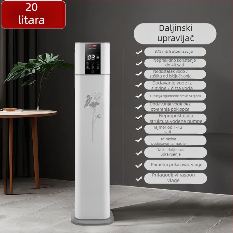 Ovlaživač zraka i pročišćivač zraka s glasovnim upravljanjem, stojeći model, protok zraka 400 m³/h, pogodno za prostorije 61 m² i više, napajanje litij baterijom, regulacija ozonom