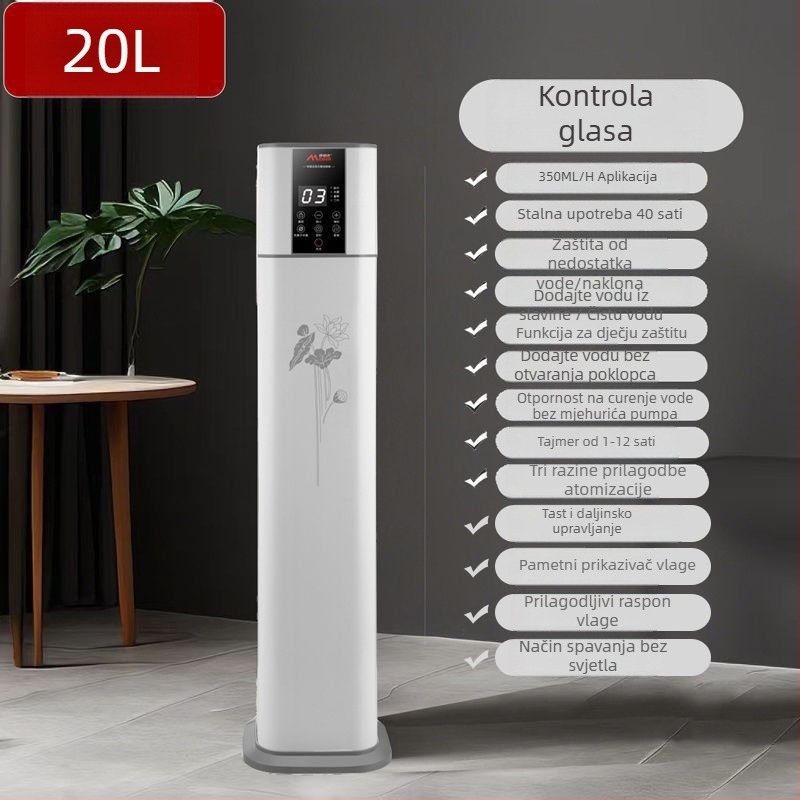 Ovlaživač zraka i pročišćivač zraka s glasovnim upravljanjem, stojeći model, protok zraka 400 m³/h, pogodno za prostorije 61 m² i više, napajanje litij baterijom, regulacija ozonom