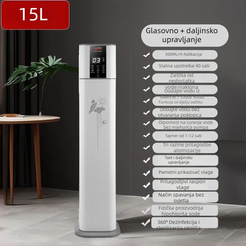 Ovlaživač zraka i pročišćivač zraka s glasovnim upravljanjem, stojeći model, protok zraka 400 m³/h, pogodno za prostorije 61 m² i više, napajanje litij baterijom, regulacija ozonom