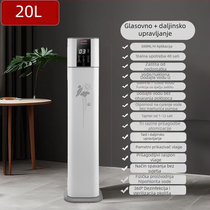 Ovlaživač zraka i pročišćivač zraka s glasovnim upravljanjem, stojeći model, protok zraka 400 m³/h, pogodno za prostorije 61 m² i više, napajanje litij baterijom, regulacija ozonom