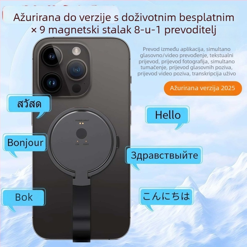 Inteligentni prijevodnik s prevođenjem videa i glasa u stvarnom vremenu, simultani prijevod, Bluetooth, aluminijska legura, držač za telefon