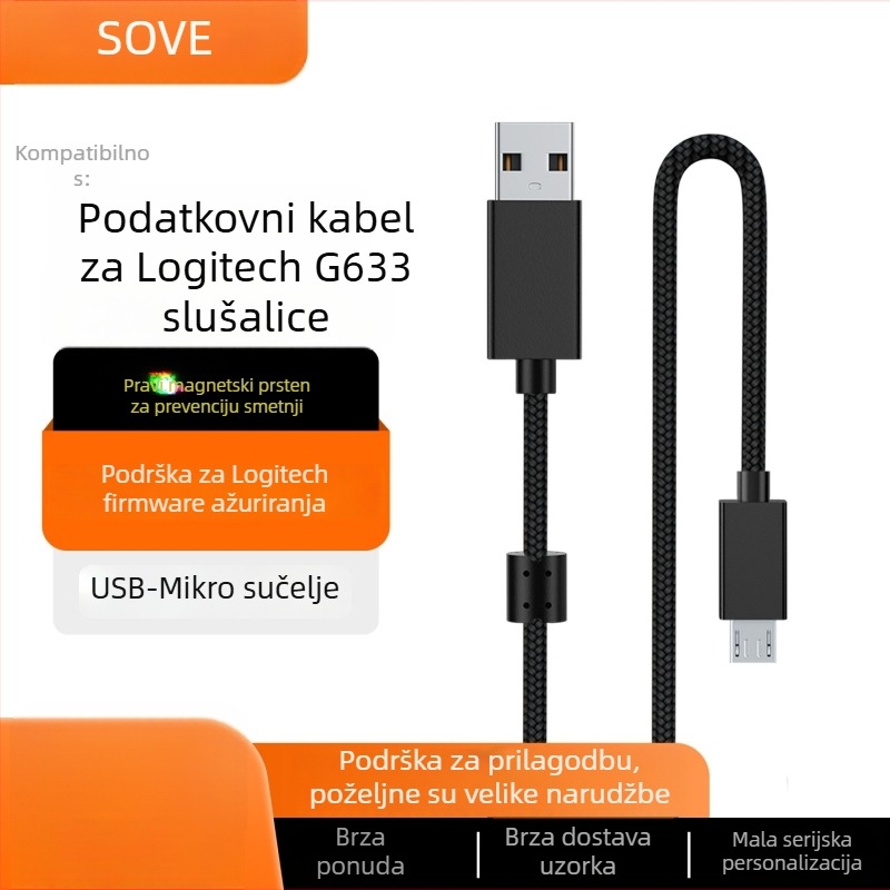 Prilagođeni USB-Micro kabel za prijenos podataka i punjenje za Logitech slušalice serije G633 (G633S, G933S, G635) – Sove su wei