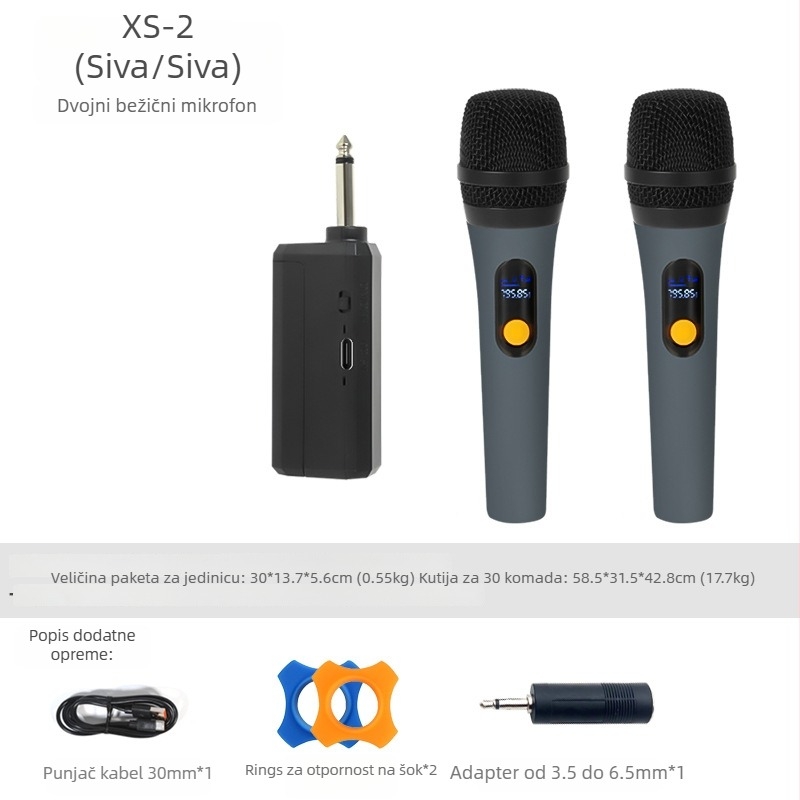 Bežični mikrofon XS-2, dvostruki ručni za KTV, punjiv, raspon 40 Hz-20 kHz, SNR ≥85 dB, ugrađena baterija 500-800 mAh, trajanje 1-3 h