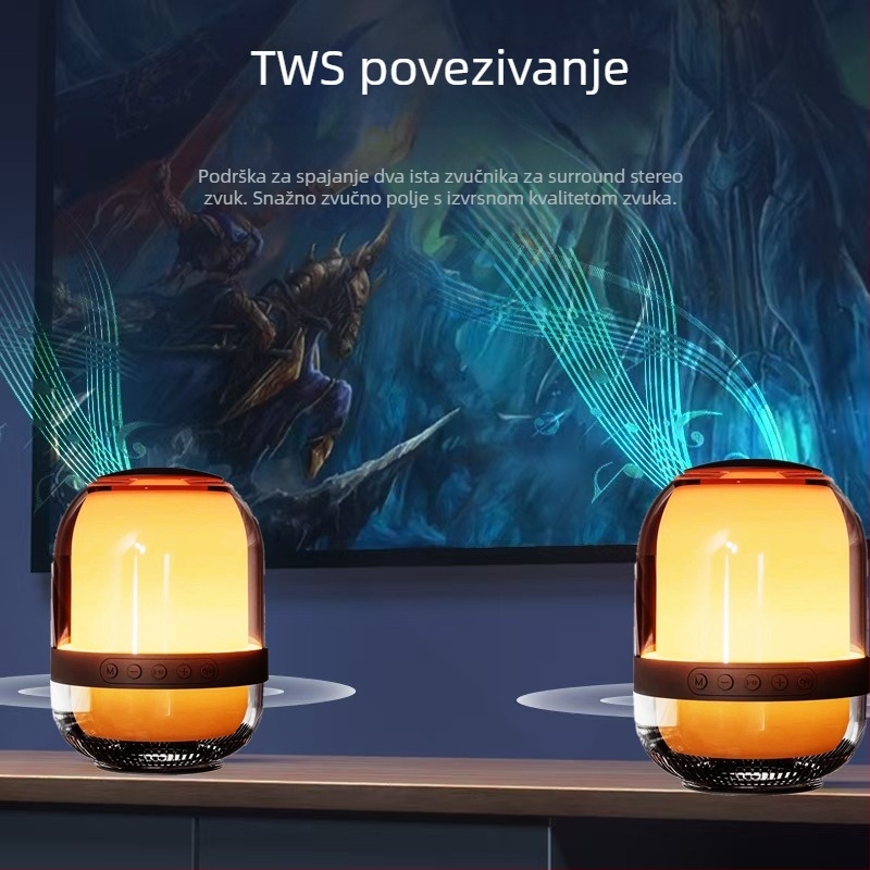 Mini Bluetooth zvučnik s integriranom baterijom i ambijentalnim osvjetljenjem - 8W, Bluetooth 5.3, USB napajanje, frekvencijski raspon 100Hz-20kHz, SNR ≥60dB