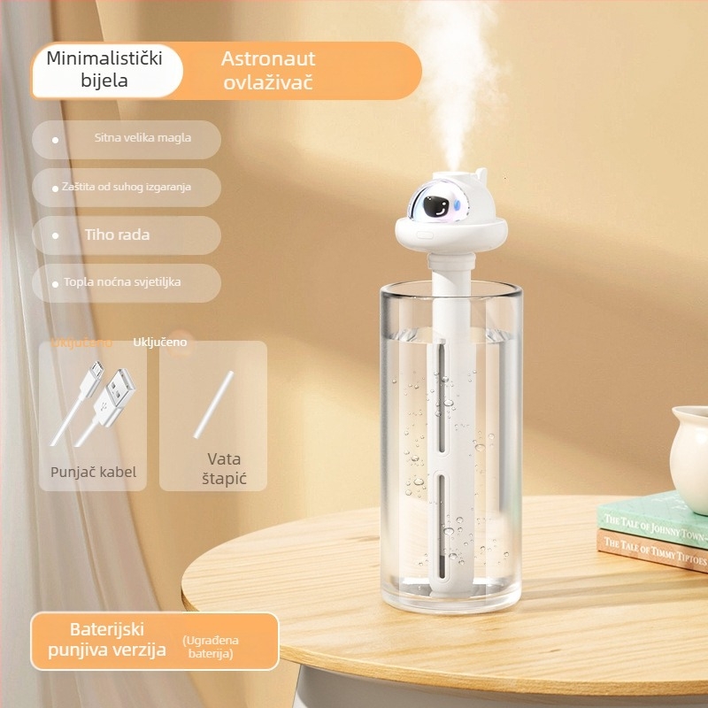 Kućni tih stolni ovlaživač – pokrivenje 21–30 m², spremnik 1,0–2,5 L, 1 izlaz magle, buka 36–45 dB, napajanje USB / suha baterija / ugrađeni izvor napajanja
