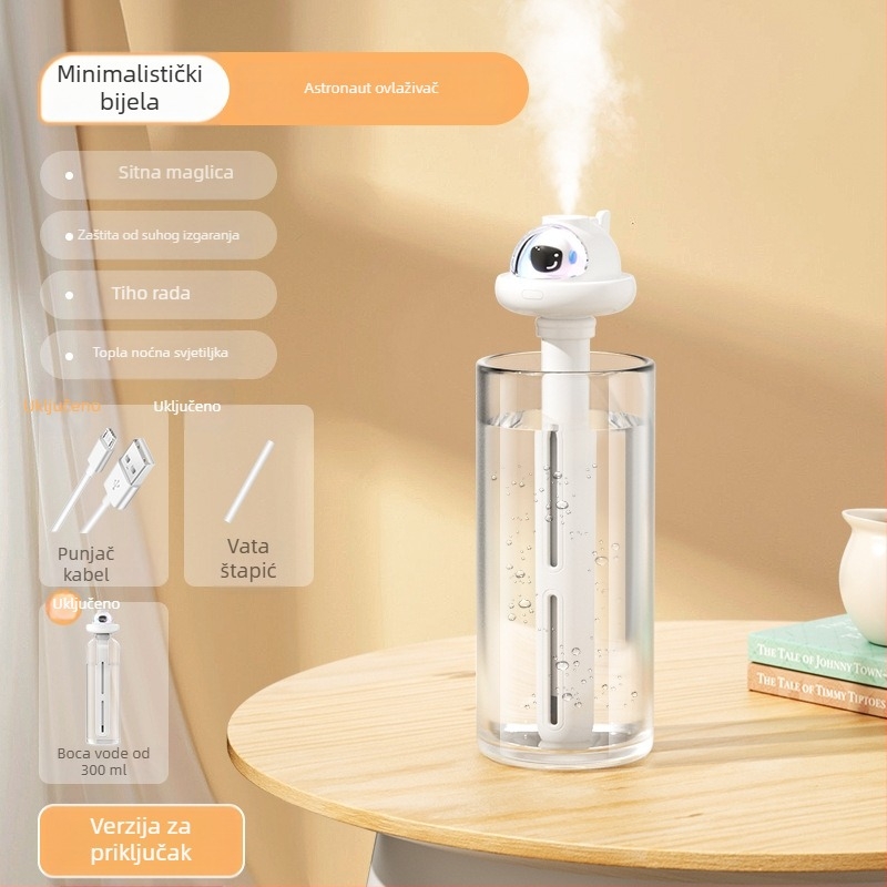 Kućni tih stolni ovlaživač – pokrivenje 21–30 m², spremnik 1,0–2,5 L, 1 izlaz magle, buka 36–45 dB, napajanje USB / suha baterija / ugrađeni izvor napajanja