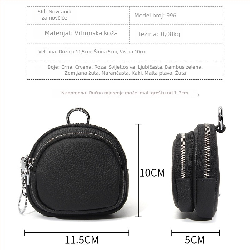 Ženski novčanik za kovanice s dvostrukim zatvaračem – prvi sloj teleće kože, velik kapacitet