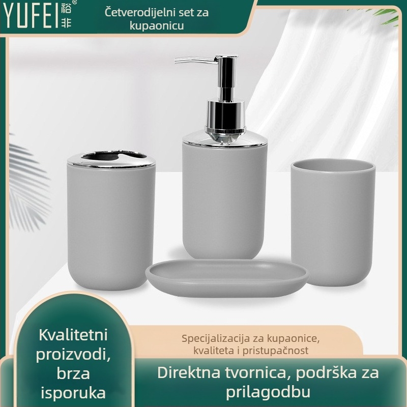 Plastični četverodijelni set za kupaonicu s čašom za ispiranje usta i dodacima za četkicu za zube – moguć tisak logotipa, pogodno kao dar