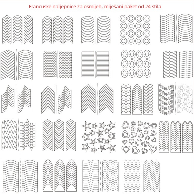 Set naljepnica za nokte za umjetnost noktiju: francuska manikura, osmijeh dizajni i valovite linije; tri u jednom naljepnice za nokte, materijal aluminijski oksid, osnovno pakiranje