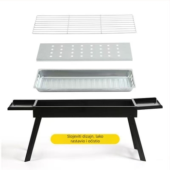 Prijenosni vanjski roštilj na ugljen – pravokutnog oblika, sklopiv s izvučnim ladicom, bez električne energije