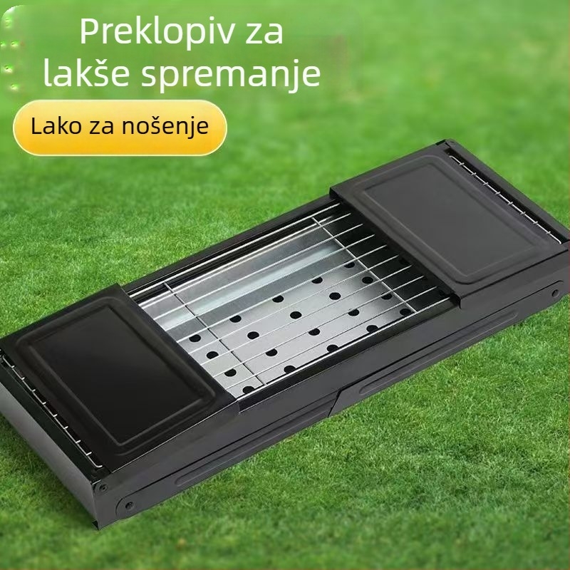 Prijenosni vanjski roštilj na ugljen – pravokutnog oblika, sklopiv s izvučnim ladicom, bez električne energije