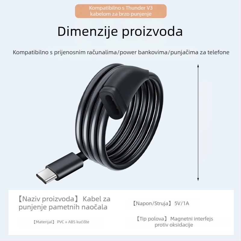 Punjački kabel Rayneo V3 Slim s magnetskim punjačem za ThunderBird pametne naočale, V3 AI naočale za snimanje