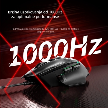 Gaming miš s optičkim senzorom 12000 DPI, 10 programabilnih tipki, USB žično povezivanje, ergonomski dizajn, makro-programabilan.