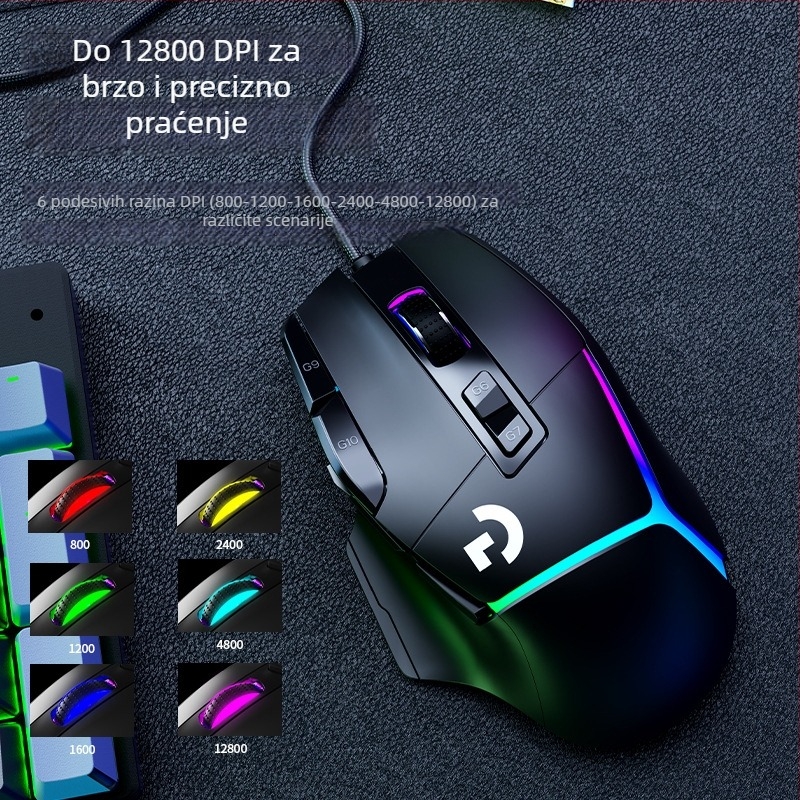 Gaming miš s optičkim senzorom 12000 DPI, 10 programabilnih tipki, USB žično povezivanje, ergonomski dizajn, makro-programabilan.