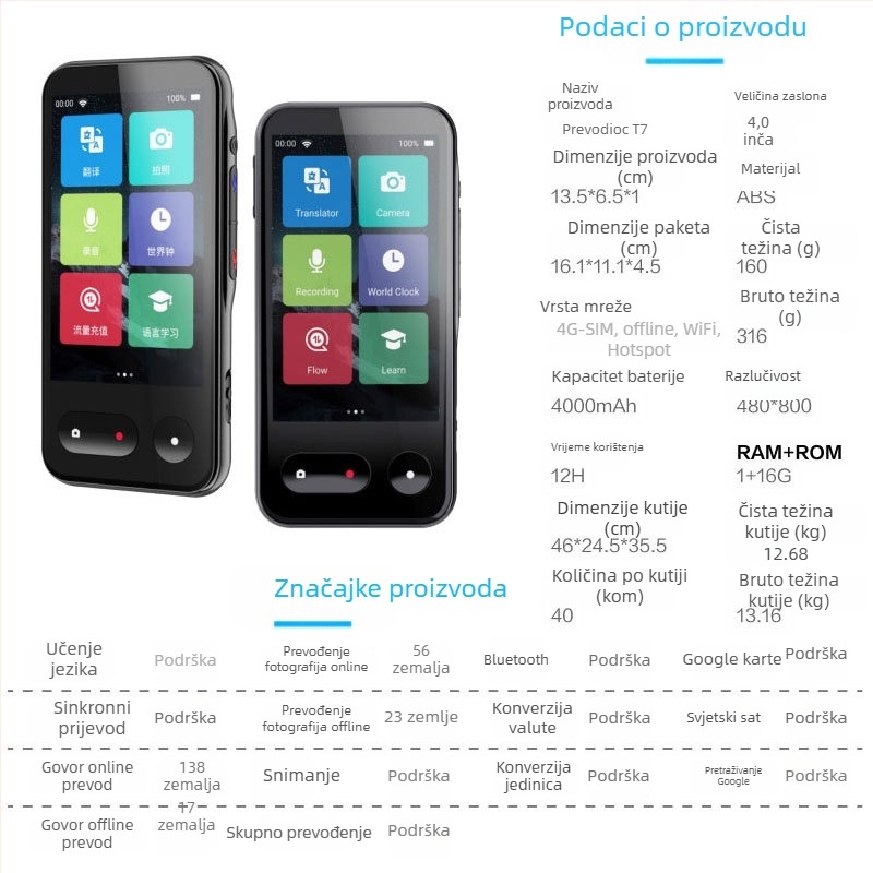 MSAI prevoditelj T7138 sa SIM kartom, offline prijevod, fotografiranje i snimanje, 4000 mAh baterija