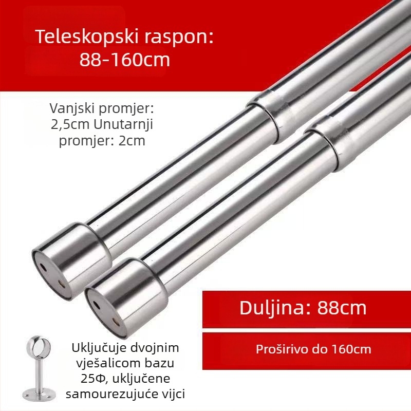 Teleskopska šipka za odjeću od nehrđajućeg čelika za garderobu — moderni minimalistički dizajn, modeli 51/80/100/120/160/210, polirana površina