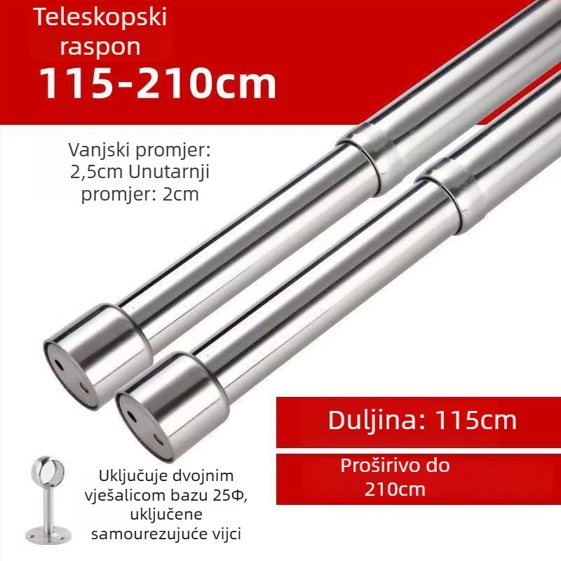 Teleskopska šipka za odjeću od nehrđajućeg čelika za garderobu — moderni minimalistički dizajn, modeli 51/80/100/120/160/210, polirana površina