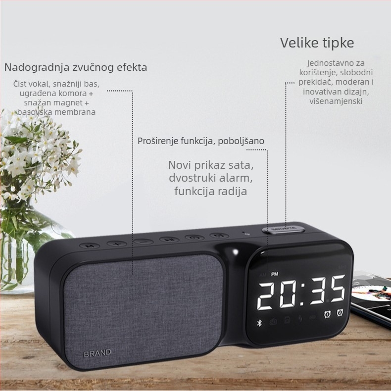 Bluetooth zvučnik s alarmom za stol – prenosni bežični zvuk s ugrađenom baterijom, USB napajanje, Bluetooth 5.3, 100 Hz–20 kHz, SNR ≥75 dB, domet 10 m