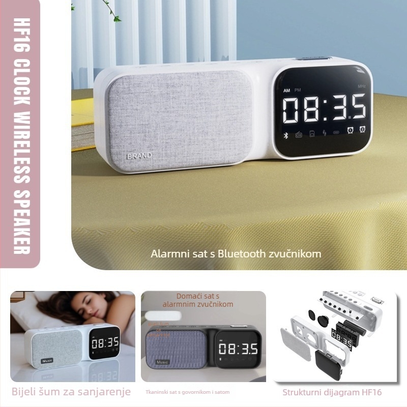 Bluetooth zvučnik s alarmom za stol – prenosni bežični zvuk s ugrađenom baterijom, USB napajanje, Bluetooth 5.3, 100 Hz–20 kHz, SNR ≥75 dB, domet 10 m