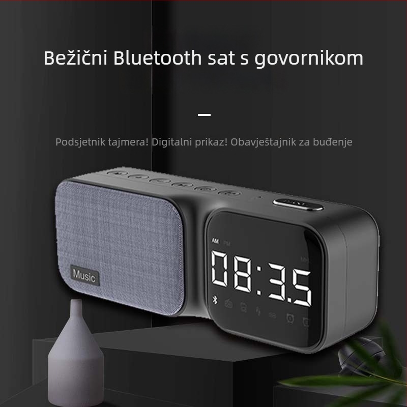 Bluetooth zvučnik s alarmom za stol – prenosni bežični zvuk s ugrađenom baterijom, USB napajanje, Bluetooth 5.3, 100 Hz–20 kHz, SNR ≥75 dB, domet 10 m