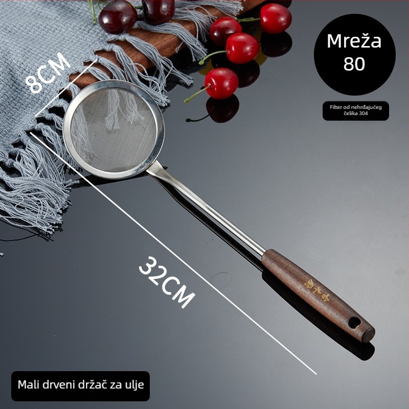 Žlica za procjeđivanje s drvenom drškom, 201 nehrđajući čelik, mrežasti filtar, protuklizna i otporna na toplinu