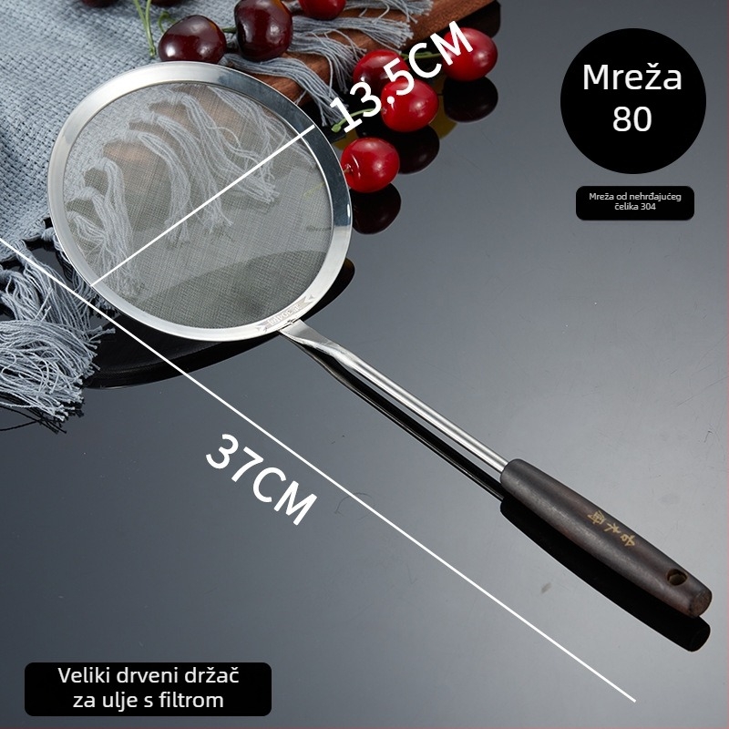Žlica za procjeđivanje s drvenom drškom, 201 nehrđajući čelik, mrežasti filtar, protuklizna i otporna na toplinu