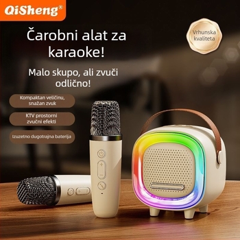 Karaoke Bluetooth zvučnik s ugrađenim mikrofonom — 5W izlazne snage, Bluetooth 5.0, ugrađena baterija 1200–2000mAh, IPX4 vodootpornost, domet do 10 m