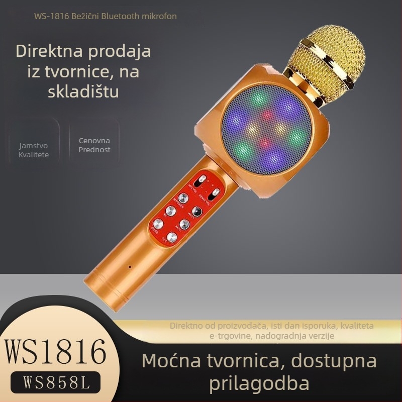 Mengqi WS-1816 Bluetooth karaoke mikrofon i zvučnik s integriranim mikrofonom, kondenzatorski mikrofon, 5W, Bluetooth 5.3, frekvencijski raspon 100 Hz-20 kHz, SNR ≥100 dB, izmjenjiva baterija 1200 mAh