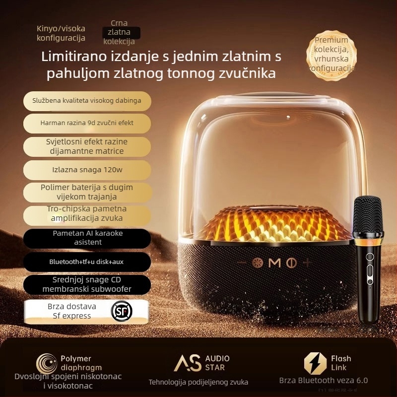 Kućni karaoke sustav s Bluetoothom 5.0 i integriranim bežičnim mikrofonom, ugrađena baterija 6000 mAh, izlaz 130 W, frekvencijski raspon 100 Hz–20 kHz, SNR ≥70 dB