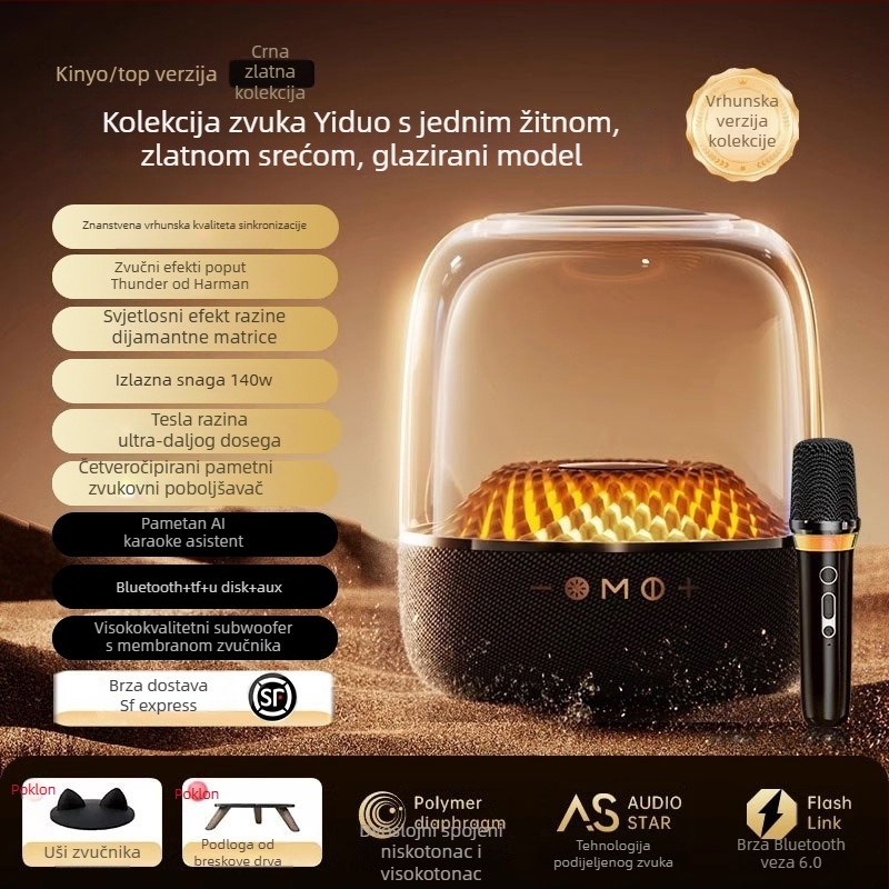 Kućni karaoke sustav s Bluetoothom 5.0 i integriranim bežičnim mikrofonom, ugrađena baterija 6000 mAh, izlaz 130 W, frekvencijski raspon 100 Hz–20 kHz, SNR ≥70 dB