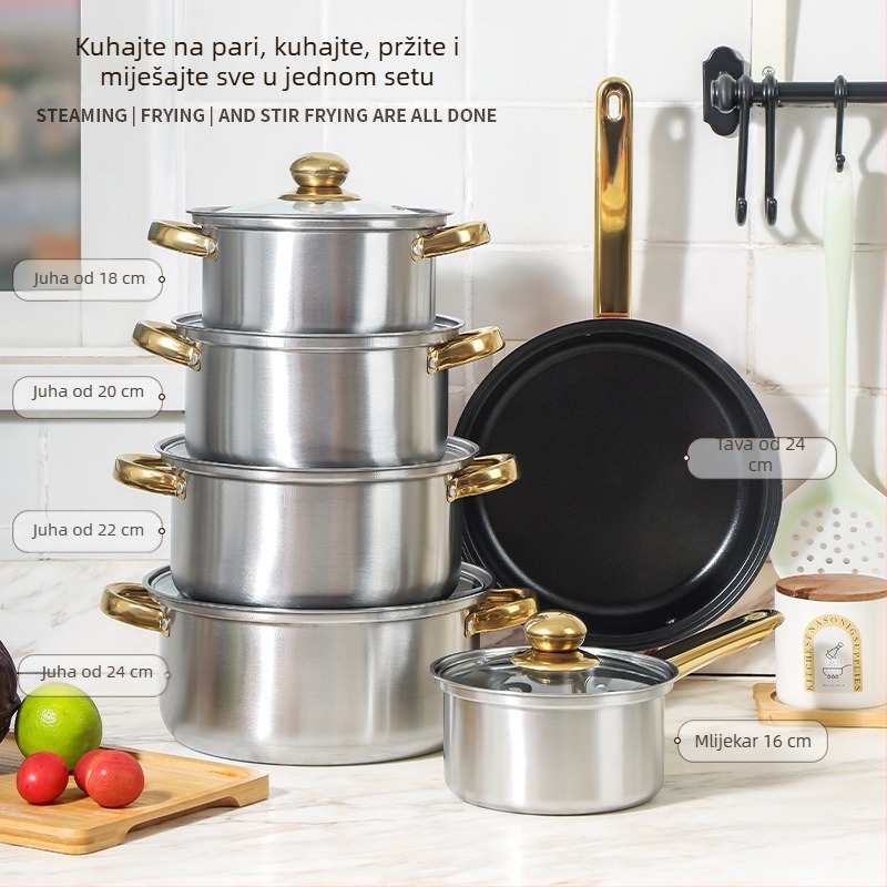 Set posuda od nehrđajućeg čelika (410) 12 komada s staklenim poklopcima, bezdimni dizajn, pogodan za opće štednjake