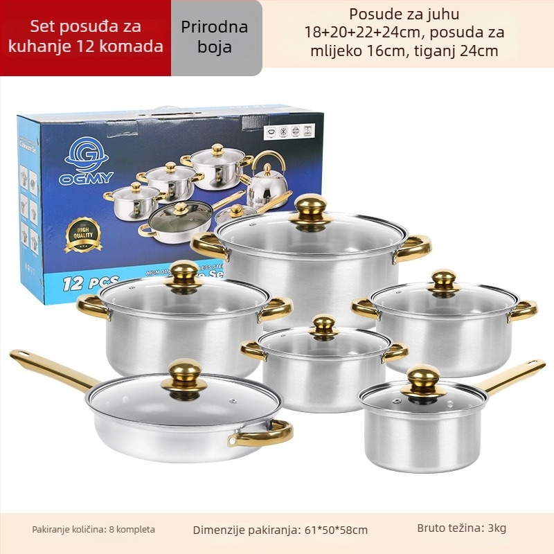 Set posuda od nehrđajućeg čelika (410) 12 komada s staklenim poklopcima, bezdimni dizajn, pogodan za opće štednjake