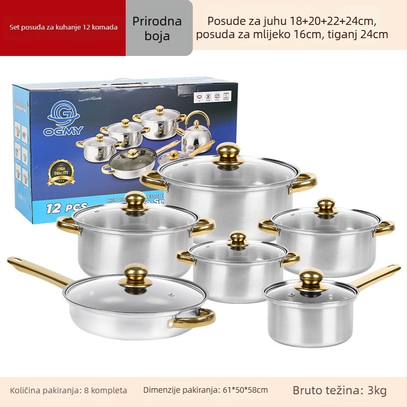 Set posuda od nehrđajućeg čelika (410) 12 komada s staklenim poklopcima, bezdimni dizajn, pogodan za opće štednjake