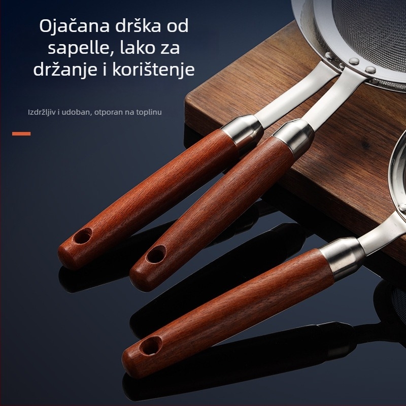 304 nehrđajućeg čelika sito s drvenom drškom — višenamjensko sito za filtriranje sojinog mlijeka, odvajanje ulja pri kuhanju i prosijanje brašna, mreža s 30 očiju