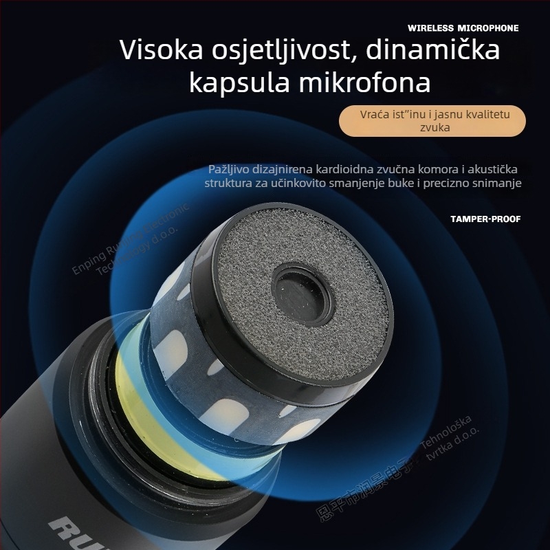 RUNJING R58A Dinamički ručni mikrofon za KTV i prijenos uživo, raspon frekvencija 60 Hz–15 kHz, SNR ≥85 dB, baterija 1000–1200 mAh zamjenjiva, trajanje baterije 6–8 sati