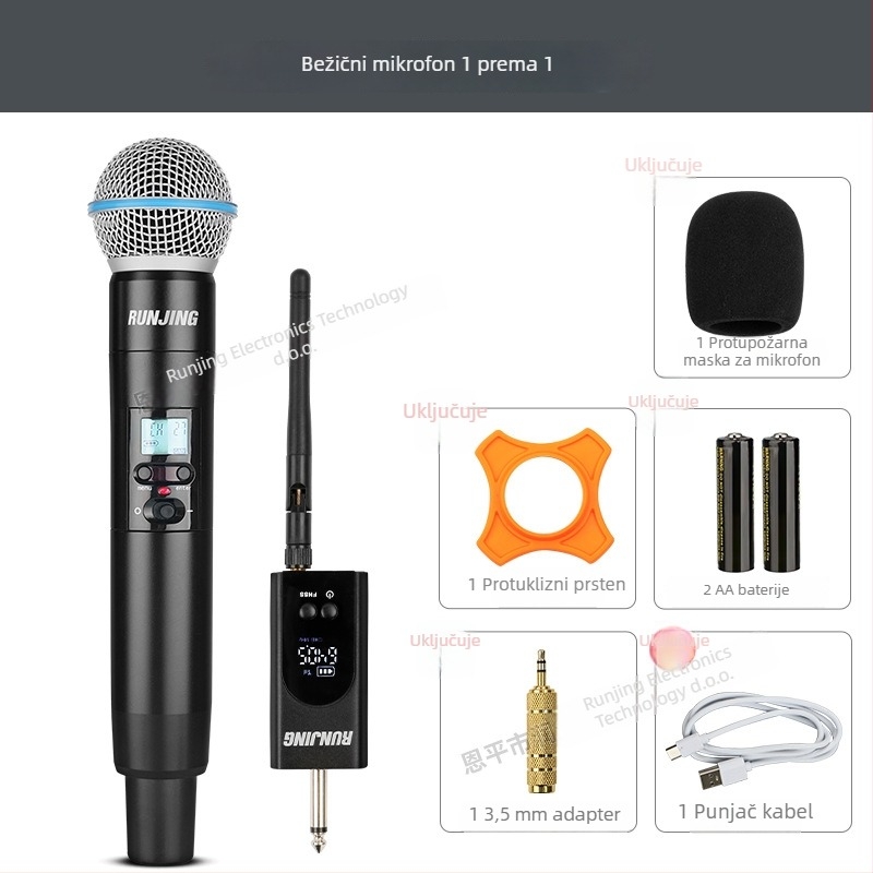 RUNJING R58A Dinamički ručni mikrofon za KTV i prijenos uživo, raspon frekvencija 60 Hz–15 kHz, SNR ≥85 dB, baterija 1000–1200 mAh zamjenjiva, trajanje baterije 6–8 sati