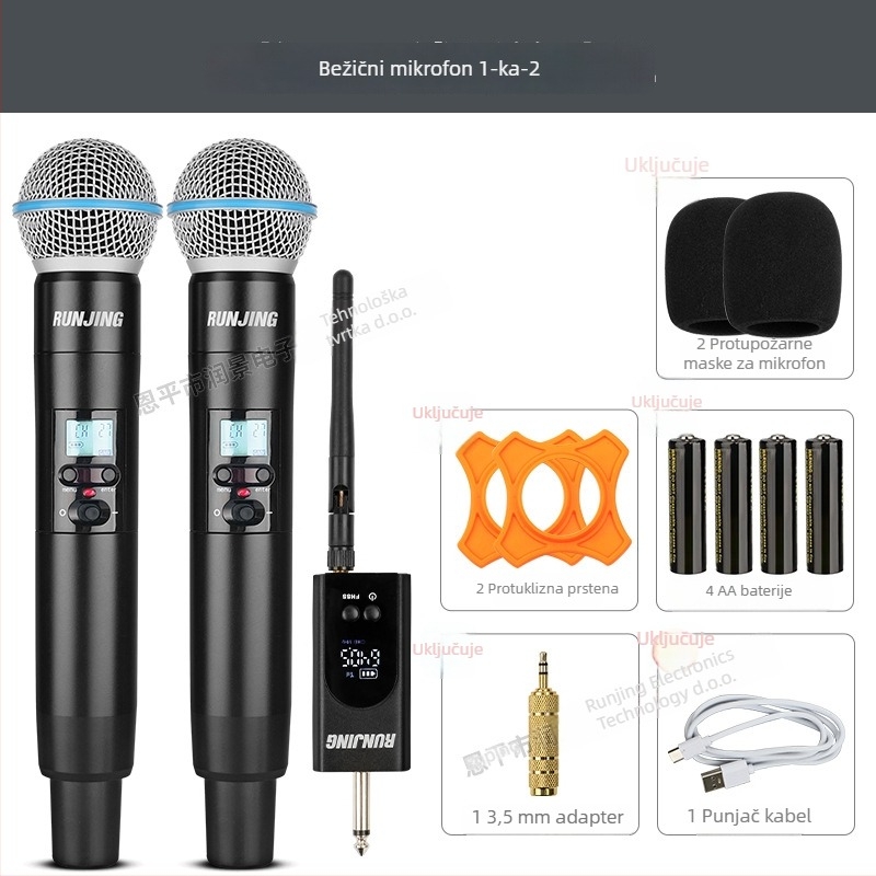 RUNJING R58A Dinamički ručni mikrofon za KTV i prijenos uživo, raspon frekvencija 60 Hz–15 kHz, SNR ≥85 dB, baterija 1000–1200 mAh zamjenjiva, trajanje baterije 6–8 sati