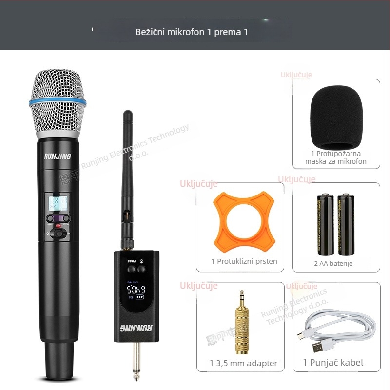 RUNJING R58A Dinamički ručni mikrofon za KTV i prijenos uživo, raspon frekvencija 60 Hz–15 kHz, SNR ≥85 dB, baterija 1000–1200 mAh zamjenjiva, trajanje baterije 6–8 sati