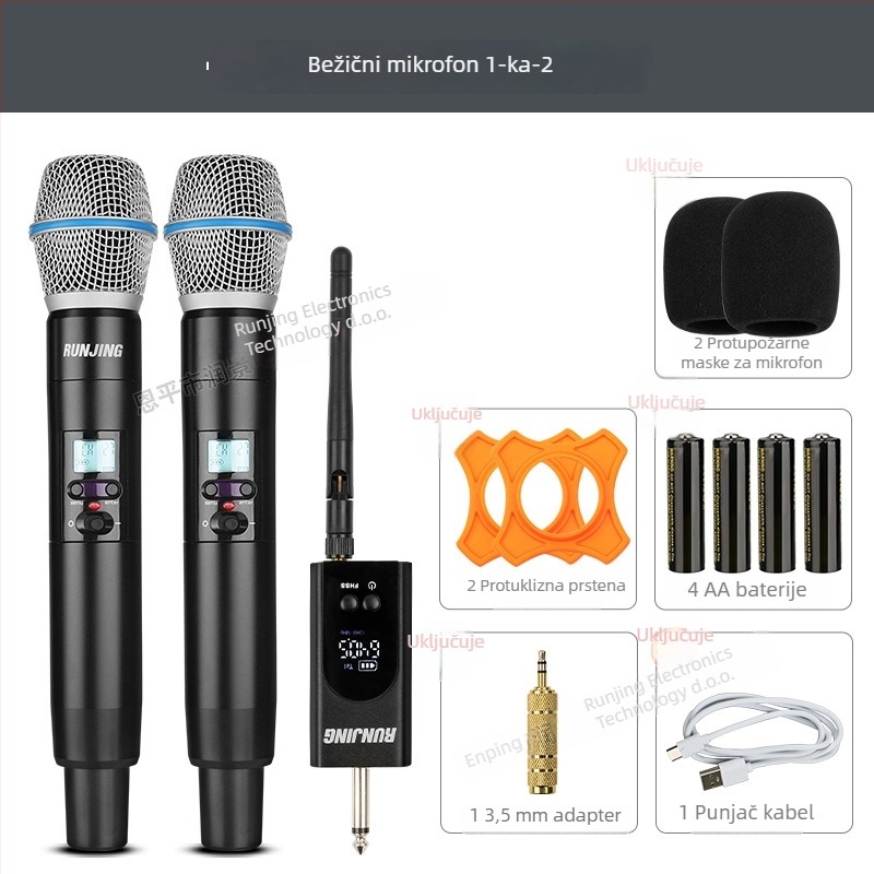 RUNJING R58A Dinamički ručni mikrofon za KTV i prijenos uživo, raspon frekvencija 60 Hz–15 kHz, SNR ≥85 dB, baterija 1000–1200 mAh zamjenjiva, trajanje baterije 6–8 sati