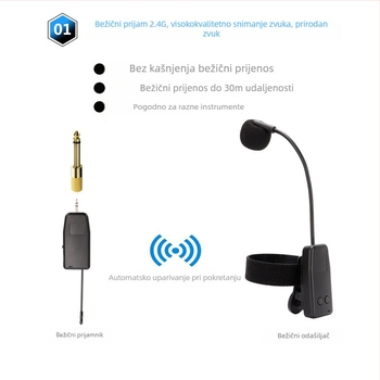 Bežični mikrofon za glazbene instrumente (Erhu, Hulusi, violina, saksofon, suona) – Model Y08, ugrađena baterija, Bluetooth 2.0, SNR ≥70 dB