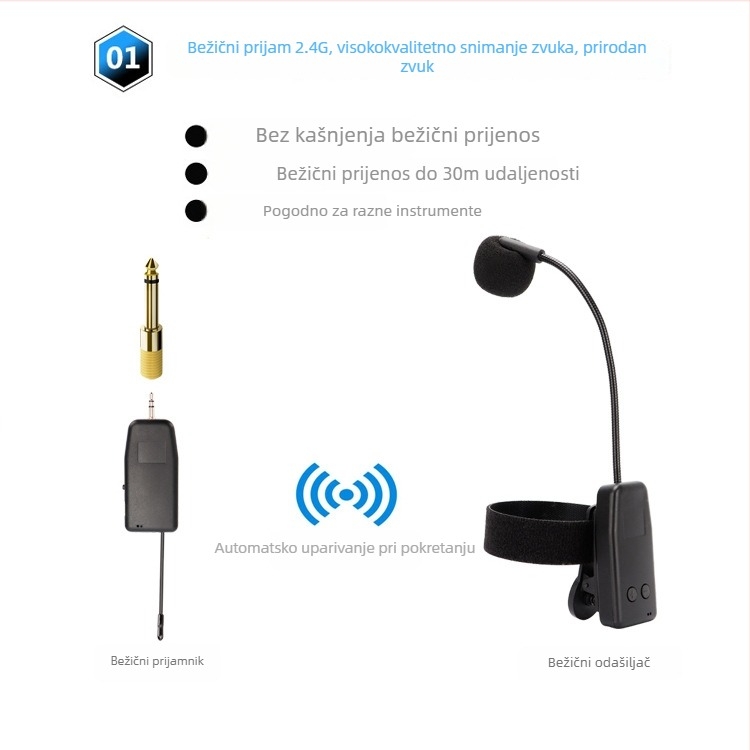Bežični mikrofon za glazbene instrumente (Erhu, Hulusi, violina, saksofon, suona) – Model Y08, ugrađena baterija, Bluetooth 2.0, SNR ≥70 dB