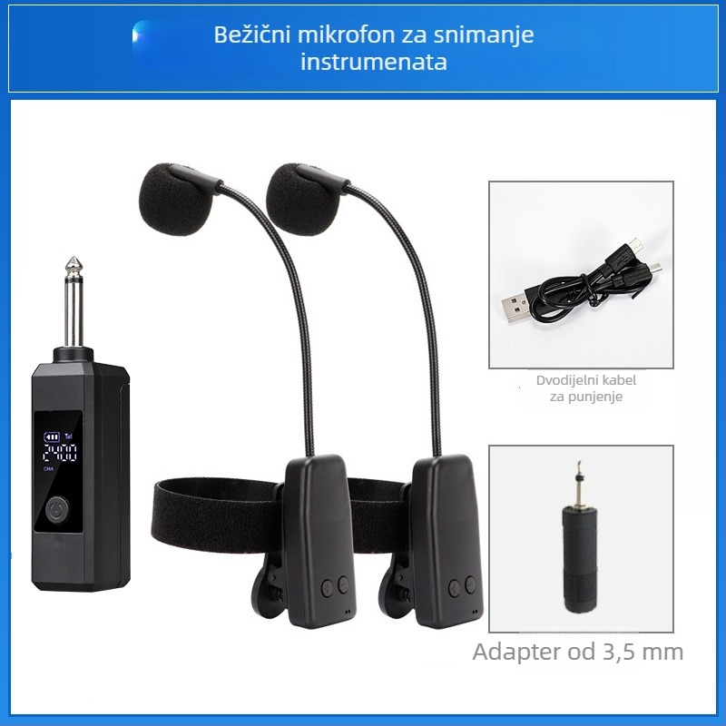 Bežični mikrofon za glazbene instrumente (Erhu, Hulusi, violina, saksofon, suona) – Model Y08, ugrađena baterija, Bluetooth 2.0, SNR ≥70 dB