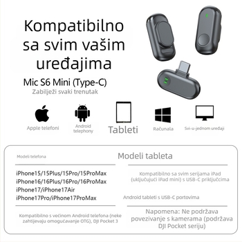 Bežični lavalier mikrofon Q6 - 6 kanala, raspon frekvencija 100 Hz–20 kHz, SNR ≥100 dB, ugrađena baterija 3–6 sati