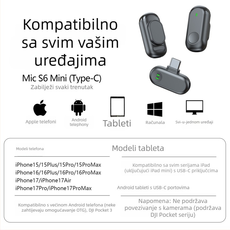 Bežični lavalier mikrofon Q6 - 6 kanala, raspon frekvencija 100 Hz–20 kHz, SNR ≥100 dB, ugrađena baterija 3–6 sati