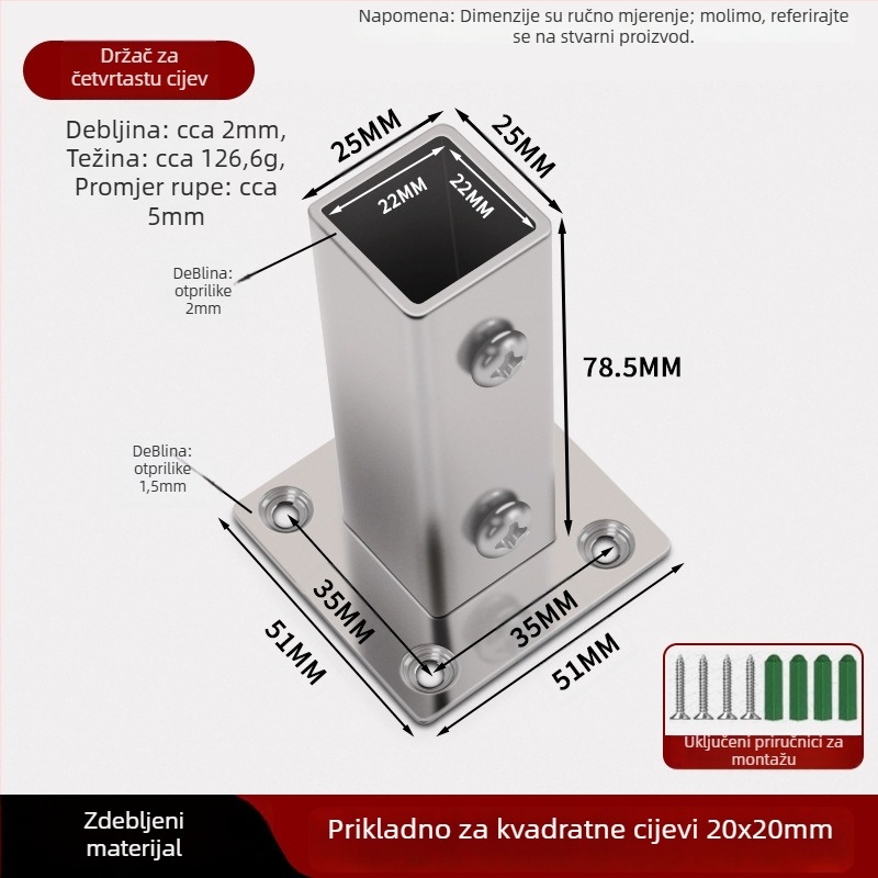 Držač cijevi s kvadratnim flanšom za ormar - nehrđajući čelik, bočna ugradnja, elektroplakirani završni sloj