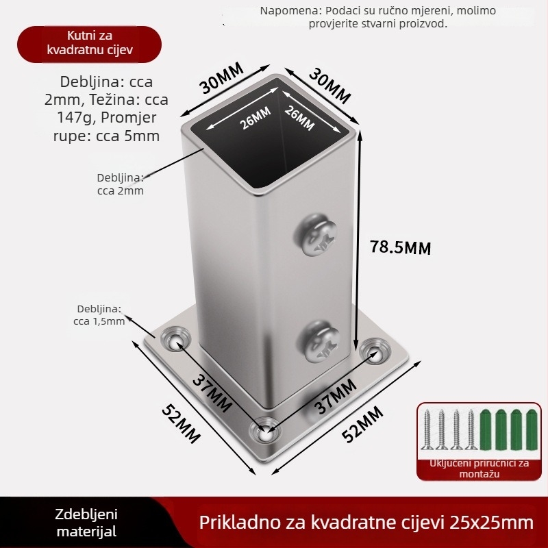 Držač cijevi s kvadratnim flanšom za ormar - nehrđajući čelik, bočna ugradnja, elektroplakirani završni sloj