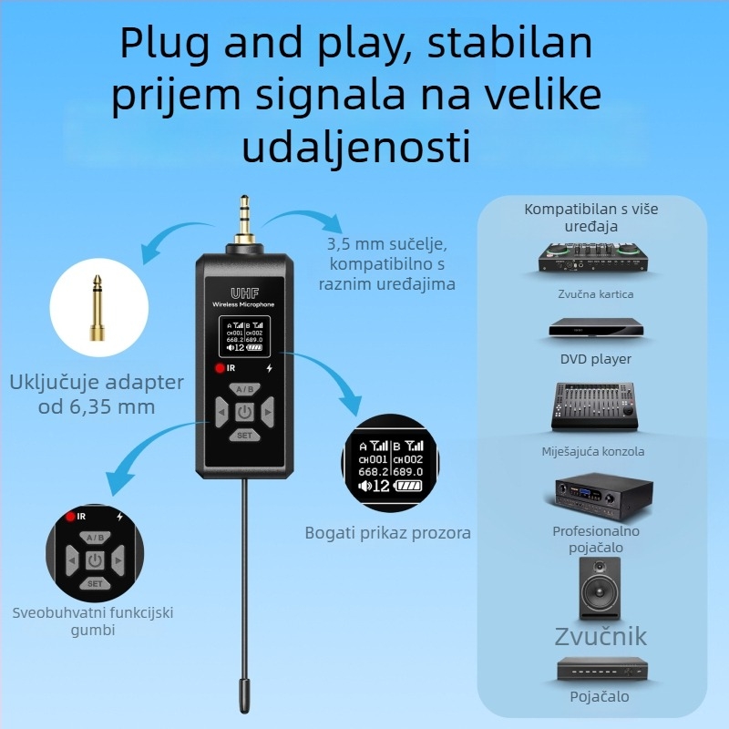 UHF bežični univerzalni mikrofon s dvostrukom reverberacijom, višefunkcionalan za prijenose uživo i scenske nastupe, mikrofon s magnetskim punjenjem