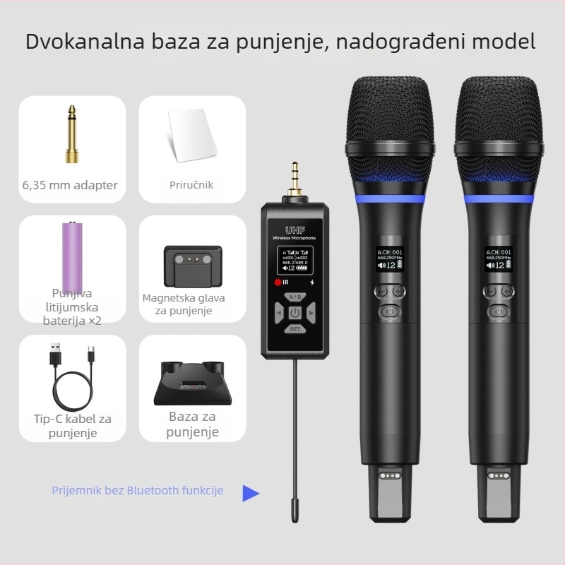 UHF bežični univerzalni mikrofon s dvostrukom reverberacijom, višefunkcionalan za prijenose uživo i scenske nastupe, mikrofon s magnetskim punjenjem